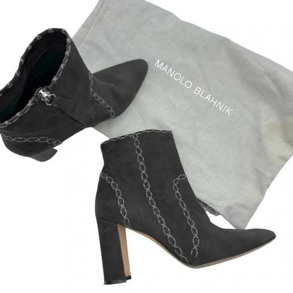 Manolo Blahnik Shoes - Manolo Blahnik charcoal gray suede heeled boots size 39